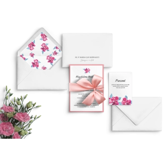 Romantyczne Zaproszenia ślubne Nature's Kiss z&nbsp;różową kokardą, kopertą oraz dodatkową wkładką