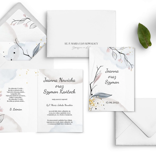 Delikatne akwarelowe składane  Zaproszenia ślubne Watercolor Wedding z kopertą i wklejką