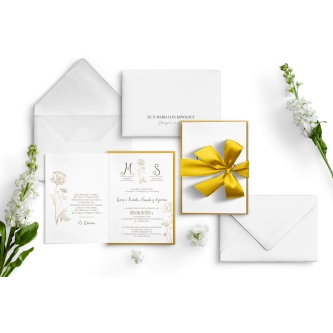 Eleganckie Zaproszenia ślubne Fiori ze złotą podklejką i&nbsp;złotą wstążką