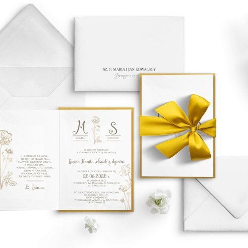 Eleganckie Zaproszenia ślubne Fiori ze złotą podklejką i złotą wstążką