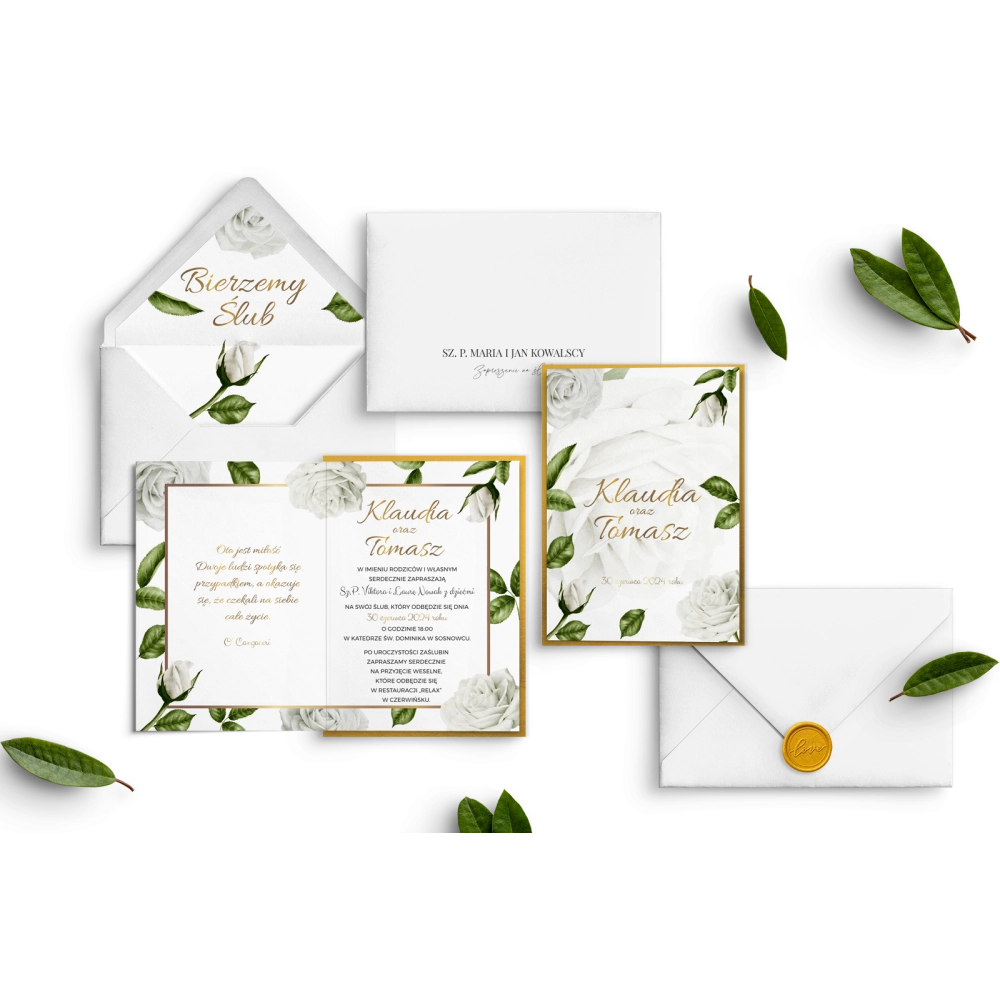 Eleganckie Zaproszenia ślubne Dream z elementami złotymi i koperta z wklejką