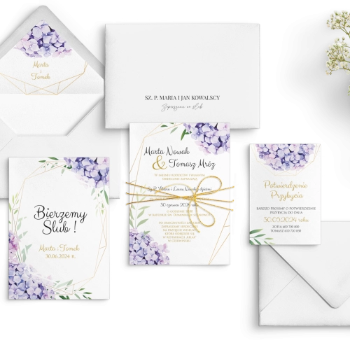 Eleganckie Fioletowe Zaproszenia ślubne Flowers & Frame ze złotym sznurkiem, dodatkowymi kartami i kopertą