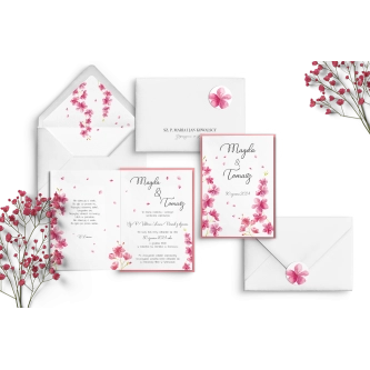 Zaproszenia ślubne Biały Czas z&nbsp;różowymi kwiatami i&nbsp;biała kopertą