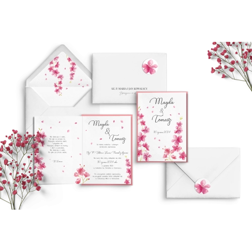 Zaproszenia ślubne Biały Czas z różowymi kwiatami i biała kopertą