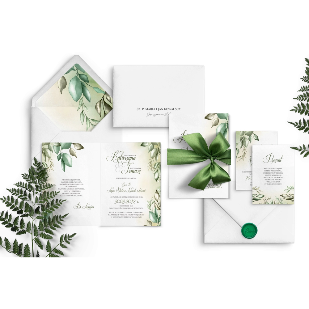 Oryginalne zaproszenie liściaste z&nbsp;piękną wstążką satynową w&nbsp;kolorze zielonym i&nbsp;dwoma wkładkami