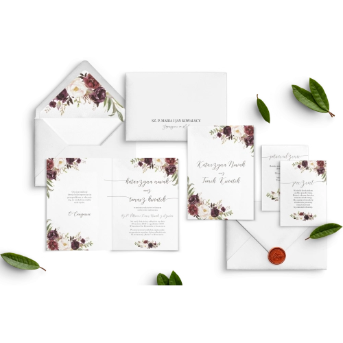 Zaproszenia ślubne PasteLove- Składane z białą kopertą, wklejką, czarną personalizacją i miedzianym lakiem