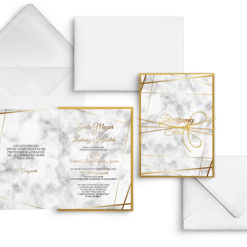 Eleganckie Zaproszenia ślubne Marmur & Złoto ze złotym papierem ozdobnym i sznurkiem