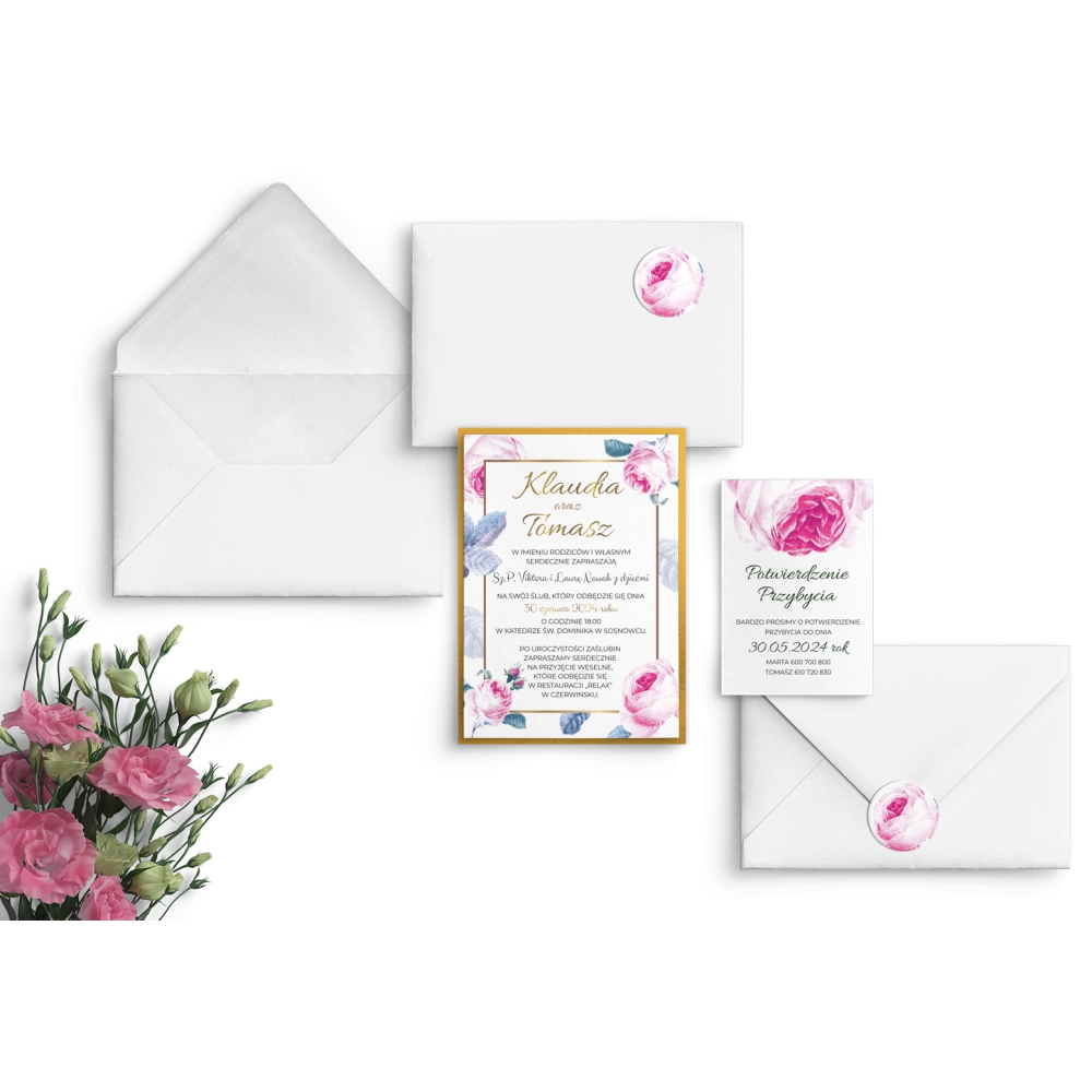 Złote Zaproszenia ślubne Dream z&nbsp;biała kopertą i&nbsp;zaklejką