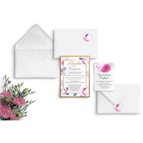Złote Zaproszenia ślubne Dream z biała kopertą i zaklejką