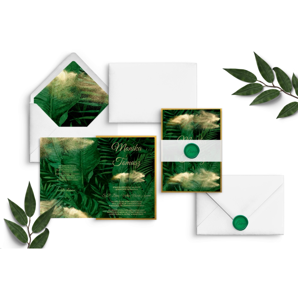 Zaproszenia ślubne Greenery - Składane z&nbsp;opaską z&nbsp;kalki, lakiem i&nbsp;złotą podklejką