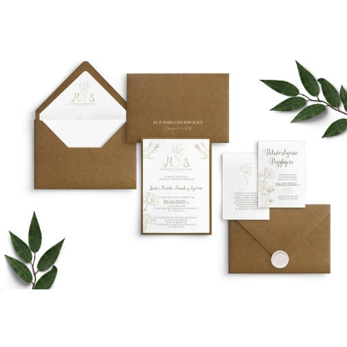 Rustykalne Zaproszenia ślubne Fiori z ekologiczną kopertą oraz podklejką, wklejka oraz lak i dwie dodatkowe wkładki