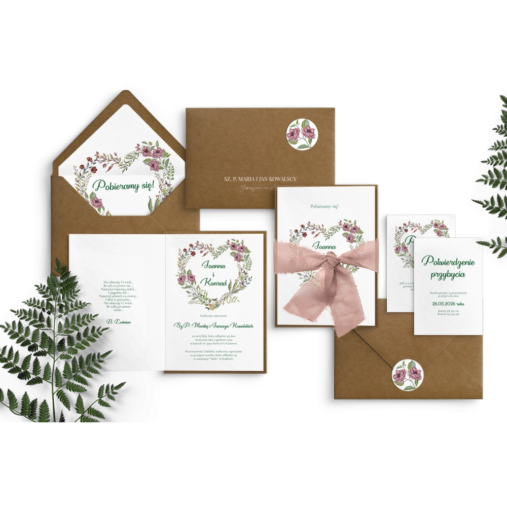 Nowoczesne zaproszenie ślubne z kopertą i podklejką ekologiczną oraz z wstążką szyfonową