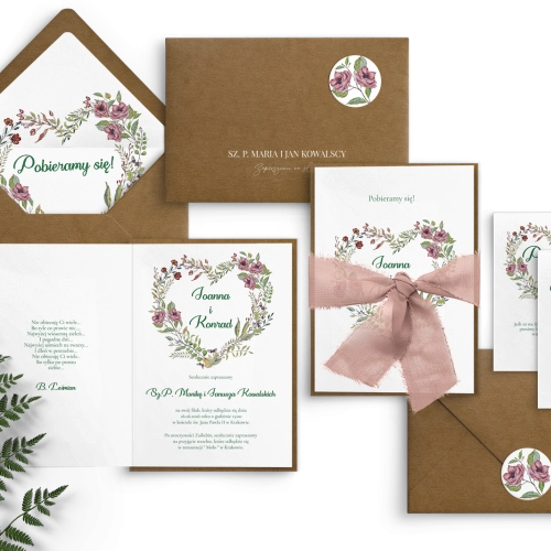 Nowoczesne zaproszenie ślubne z kopertą i podklejką ekologiczną oraz z wstążką szyfonową