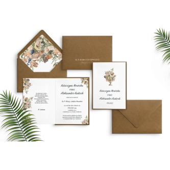 Rustykalne zaproszenie z&nbsp;podklejką i&nbsp;kopertą w&nbsp;kolorze ekologicznym z&nbsp;dopasowaną wklejką