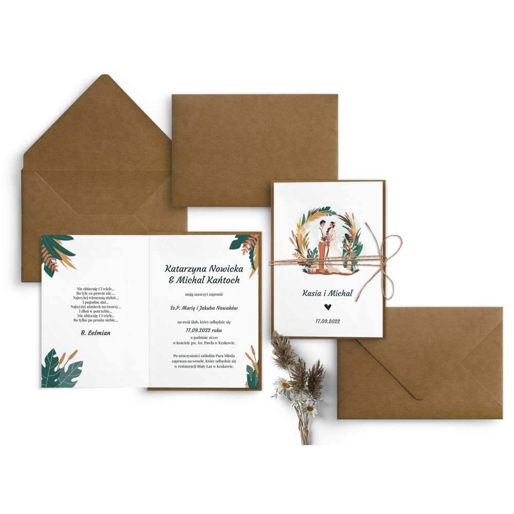 Ekologiczne składane Zaproszenia ślubne Boho wedding z&nbsp;eko sznurkiem