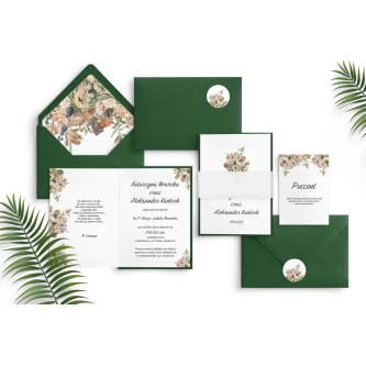 Nowoczesne rustykalne zaproszenie z&nbsp;zielonymi dodatkami, wklejką, zaklejką i&nbsp;opaską z&nbsp;kalki