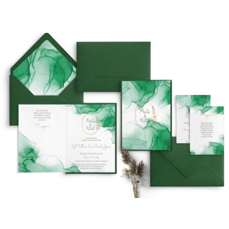 Oryginalne Zaproszenia ślubne Glamour Ink Składane z&nbsp;butelkowo zieloną kopertą z&nbsp;dodatkiem wklejki oraz butelkowo zieloną podklejką i&nbsp;dwiema dodatkowymi wkładkami