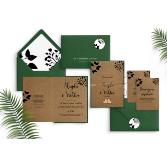 Piękne ekologiczne zaproszenie z&nbsp;drewnianym serduszkiem i&nbsp;zielonymi dodatkami