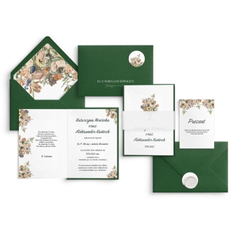 Nowoczesne rustykalne składane zaproszenie z&nbsp;zielonymi dodatkami i&nbsp;opaską z&nbsp;kalki