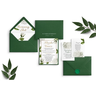 Eleganckie Zaproszenia ślubne Dream z&nbsp;podklejką, wkładkami i&nbsp;kopertą z&nbsp;zielonym lakiem