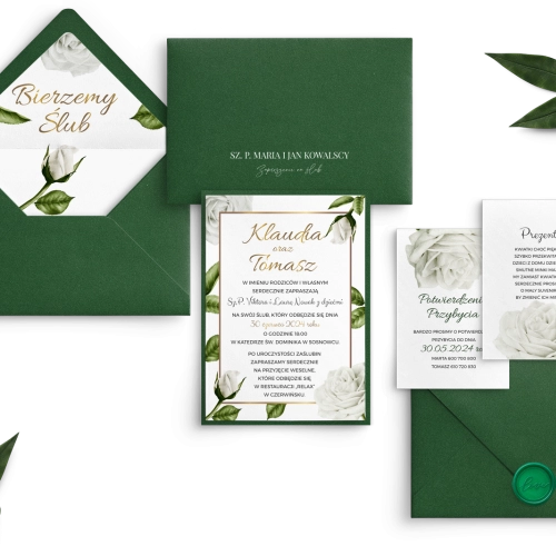 Eleganckie Zaproszenia ślubne Dream z podklejką, wkładkami i kopertą z zielonym lakiem