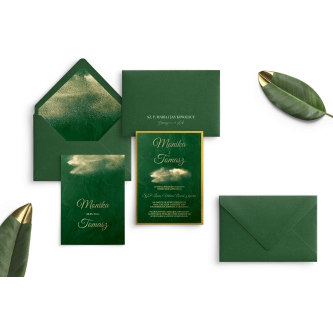 Zielone Zaproszenia ślubne Greenery z&nbsp;zieloną kopertą, wklejką i&nbsp;złotą podklejką