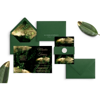 Zielone Zaproszenia ślubne Greenery - Składane z&nbsp;zieloną kopertą, opaską z&nbsp;papieru i&nbsp;lakiem
