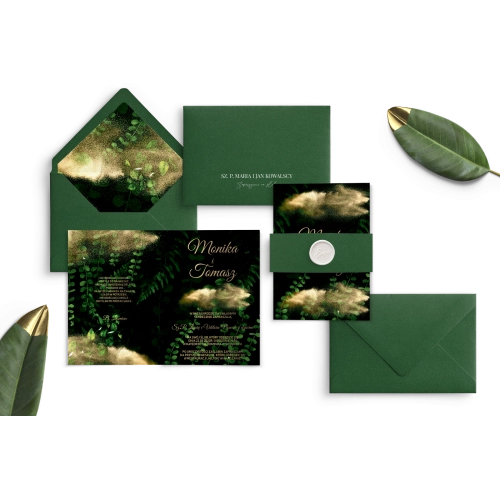 Zielone Zaproszenia ślubne Greenery - Składane z zieloną kopertą, opaską z papieru i lakiem