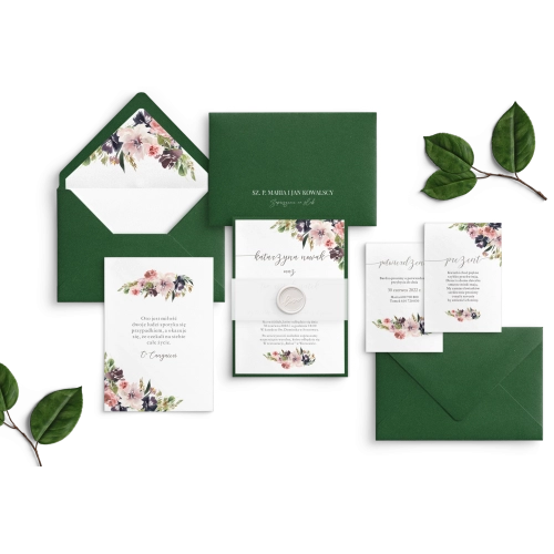 Zielone Zaproszenia ślubne PasteLove z zieloną kopertą, podklejką, wklejką, lakiem i obwolutą z kalki