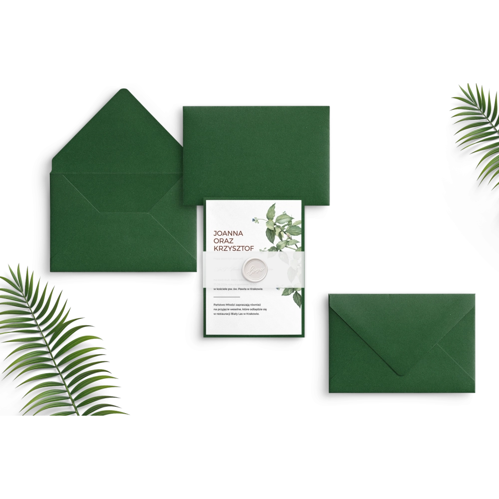 Piękne zaproszenie Meadow motyw 1 z kopertą i podklejką zieloną oraz opaską z kalki