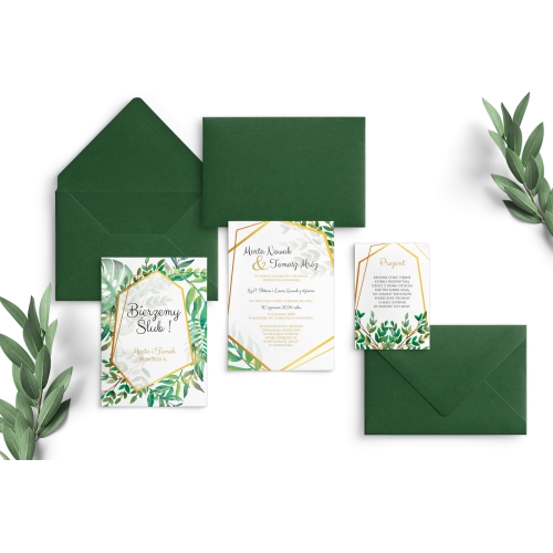 Zielone Zaproszenia ślubne Flowers & Frame z dodatkowymi kartami i koperta