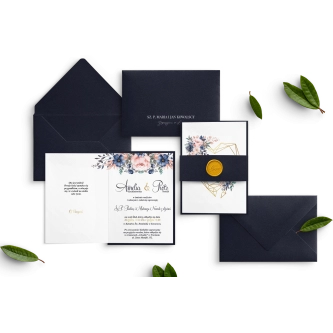 Śliczne Zaproszenia ślubne Geometryczne Serce z&nbsp;granatową podklejką, koperta i&nbsp;opaską z&nbsp;papieru z&nbsp;lakiem złotym