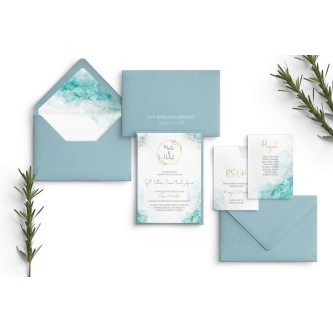 Zaproszenia ślubne Glamour Ink z&nbsp;błękitną kopertą i&nbsp;podklejką oraz z&nbsp;dodatkowymi wkładkami