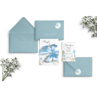 Błękitne Zaproszenia ślubne Biały Czas z&nbsp;piękną wstążką oraz kopertą