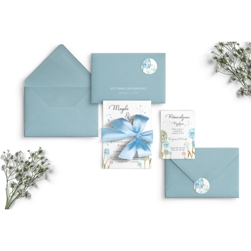 Błękitne Zaproszenia ślubne Biały Czas z piękną wstążką oraz kopertą