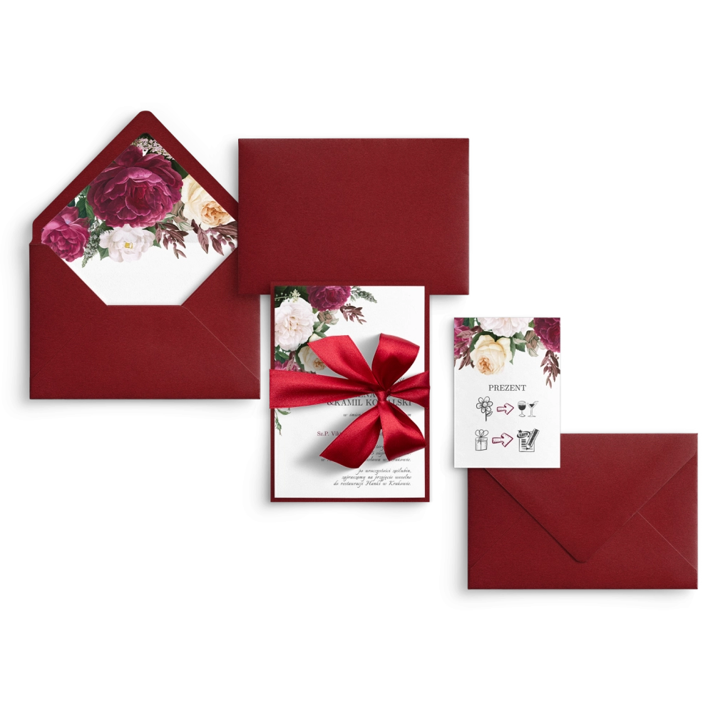 Zaproszenia ślubne Fabello w&nbsp;bordowym wydaniu z&nbsp;piękną wstążką satynową