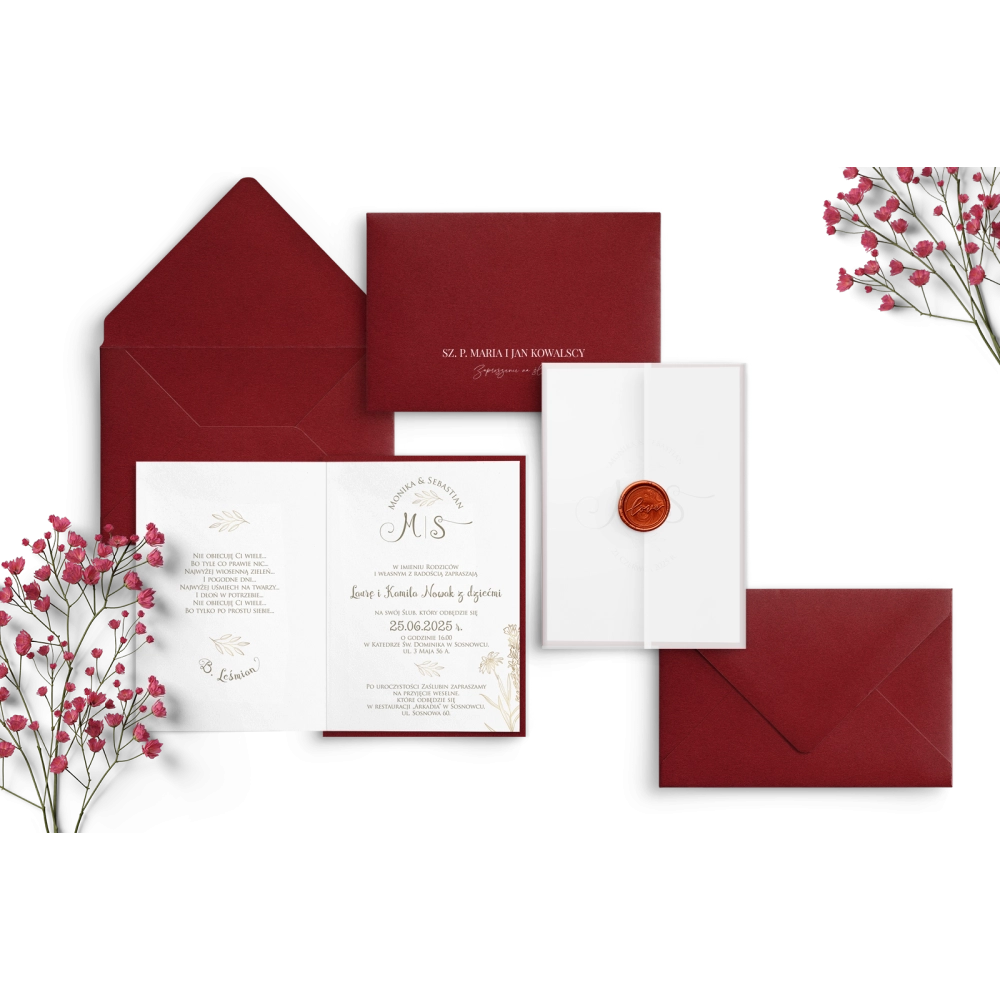 Zaproszenia ślubne Fiori - Składane z bordową kopertą i podklejką oraz lakiem