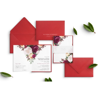 Piękne Kwiatowe Zaproszenia ślubne Fabello  z&nbsp;podklejką pod zaproszenie i&nbsp;opaską z&nbsp;kalki