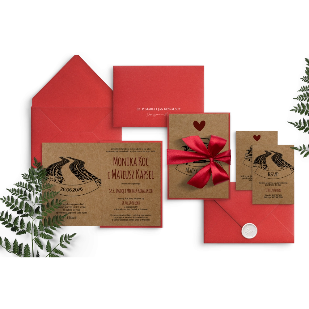 Oryginalne zaproszenie ślubne z&nbsp;samochodem oraz z&nbsp;piękną wstążką bordową i&nbsp;dwiema wkładkami