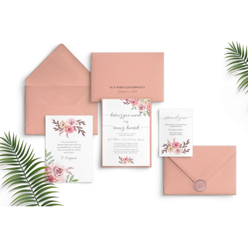 Różowe Zaproszenia ślubne PasteLove z kopertą różową, czarną personalizacją, wkładką, lakiem i dodatkową kartą