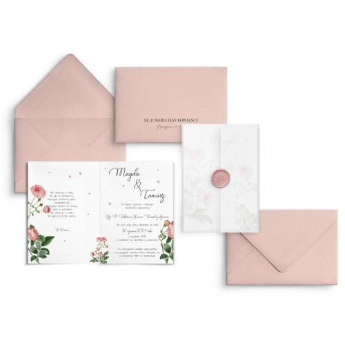 Piękne Zaproszenia ślubne Biały Czas  z kalką i lakiem oraz z kopertą w kolorze pudrowy róż