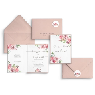Zaproszenia ślubne PasteLove- Składane z&nbsp;różową kopertą, czarną personalizacją i&nbsp;zaklejką