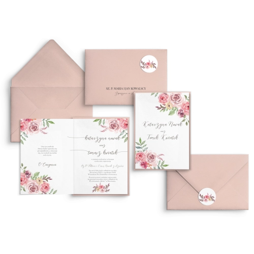 Zaproszenia ślubne PasteLove- Składane z różową kopertą, czarną personalizacją i zaklejką