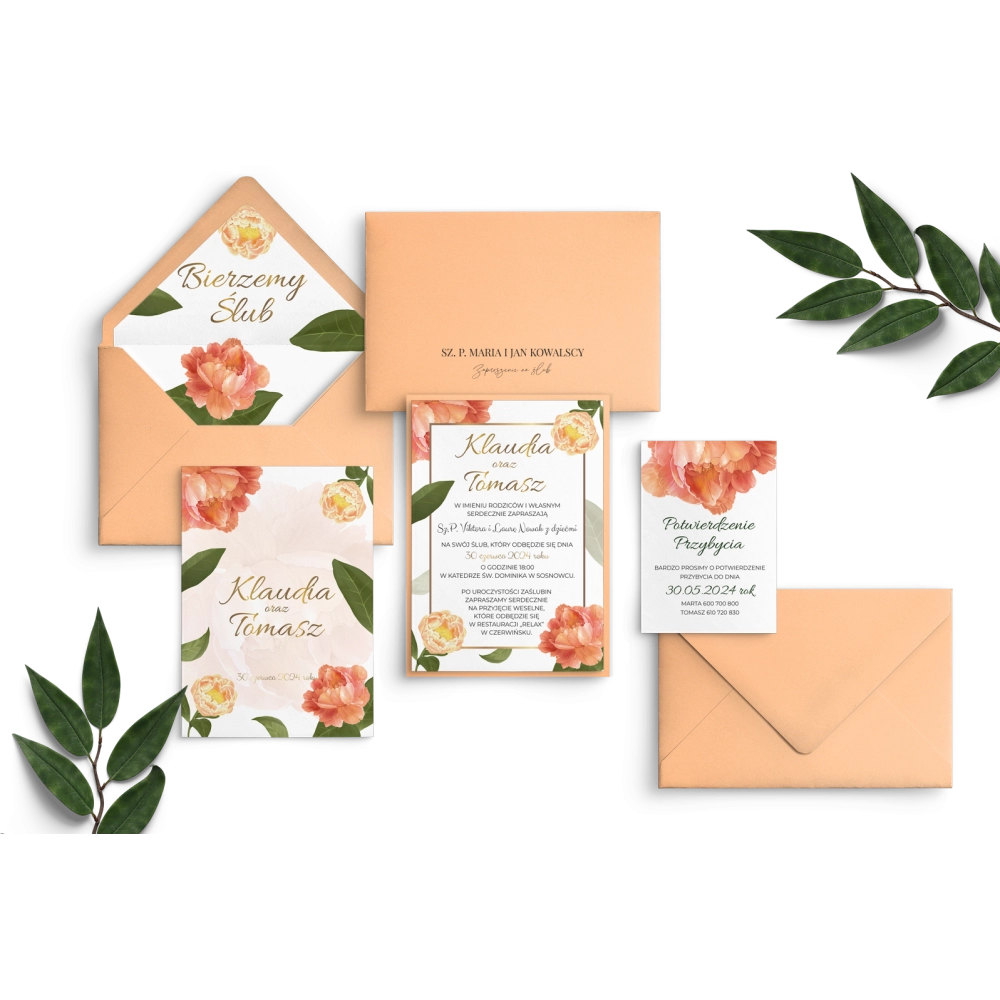 Zaproszenia ślubne Dream z&nbsp;łososiową podklejką, dodatkowa kartą i&nbsp;wkładką oraz z&nbsp;kopertą