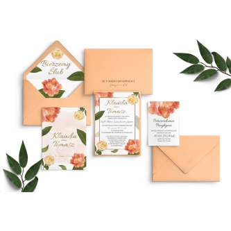 Zaproszenia ślubne Dream z&nbsp;łososiową podklejką, dodatkowa kartą i&nbsp;wkładką oraz z&nbsp;kopertą