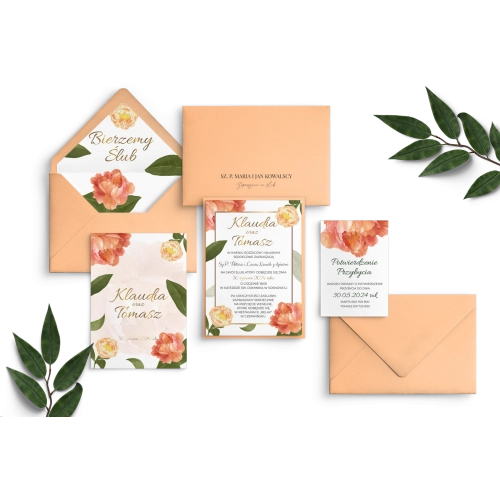 Zaproszenia ślubne Dream z łososiową podklejką, dodatkowa kartą i wkładką oraz z kopertą