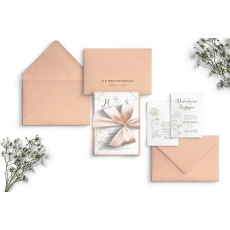 Eleganckie Zaproszenia ślubne Fiori z&nbsp;kopertą cappucino perłową, podklejką oraz ze wstążką cappucino