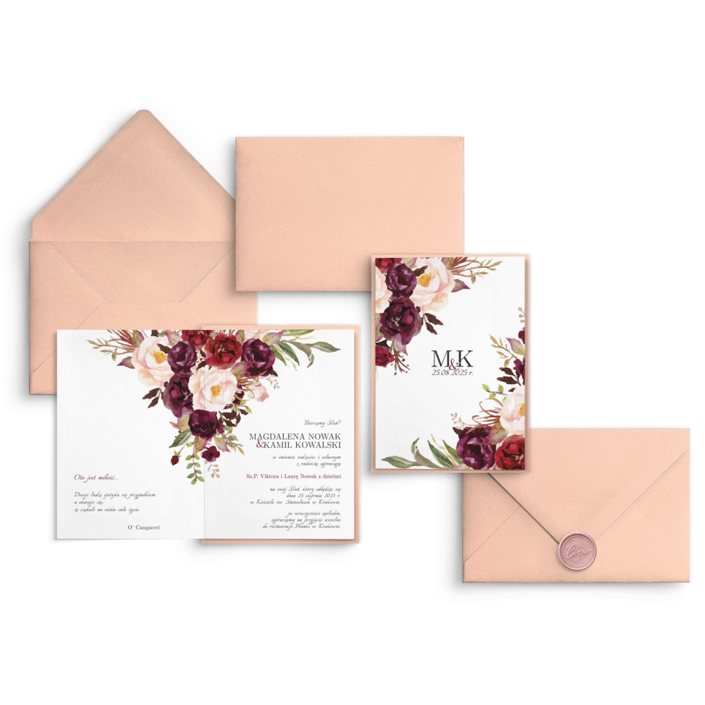 Kwiatowe Zaproszenia ślubne Fabello z&nbsp;dodatkiem beżu i&nbsp;elegancką kopertą z&nbsp;lakiem