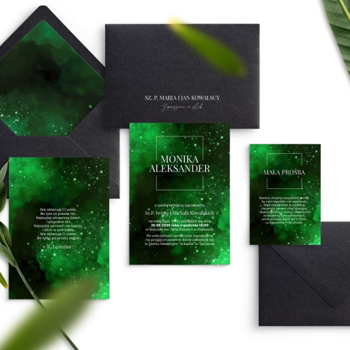 Oryginalne i&nbsp;nowoczesne Zaproszenia ślubne Colors of the Sky z&nbsp;czarną kopertą i&nbsp;dodatkowymi kartami