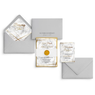 Zaproszenia ślubne Marmur & Złoto ze złotym lakiem, opaską i&nbsp;szarą kopertą
